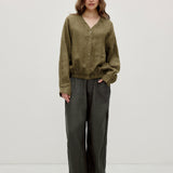 100% Linen V-neck Button Down Chest Pocket Blouse