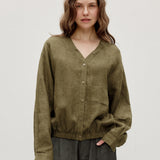100% Linen V-neck Button Down Chest Pocket Blouse