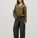 100% Linen V-neck Button Down Chest Pocket Blouse