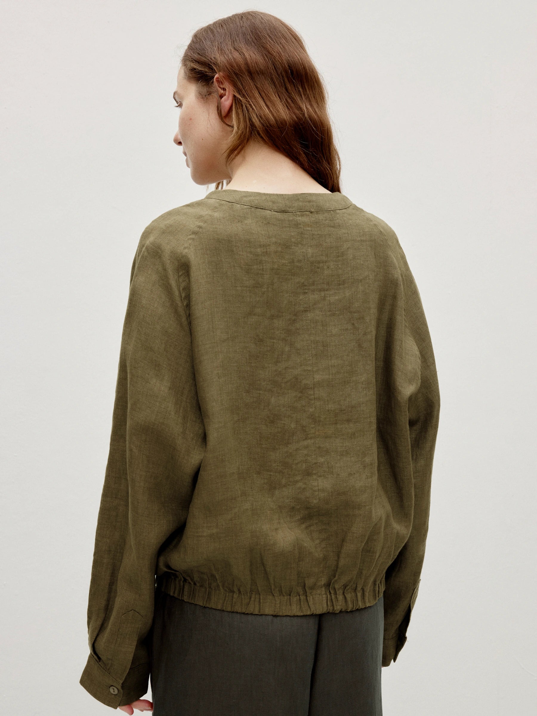 100% Linen V-neck Button Down Chest Pocket Blouse