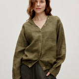 100% Linen V-neck Button Down Chest Pocket Blouse