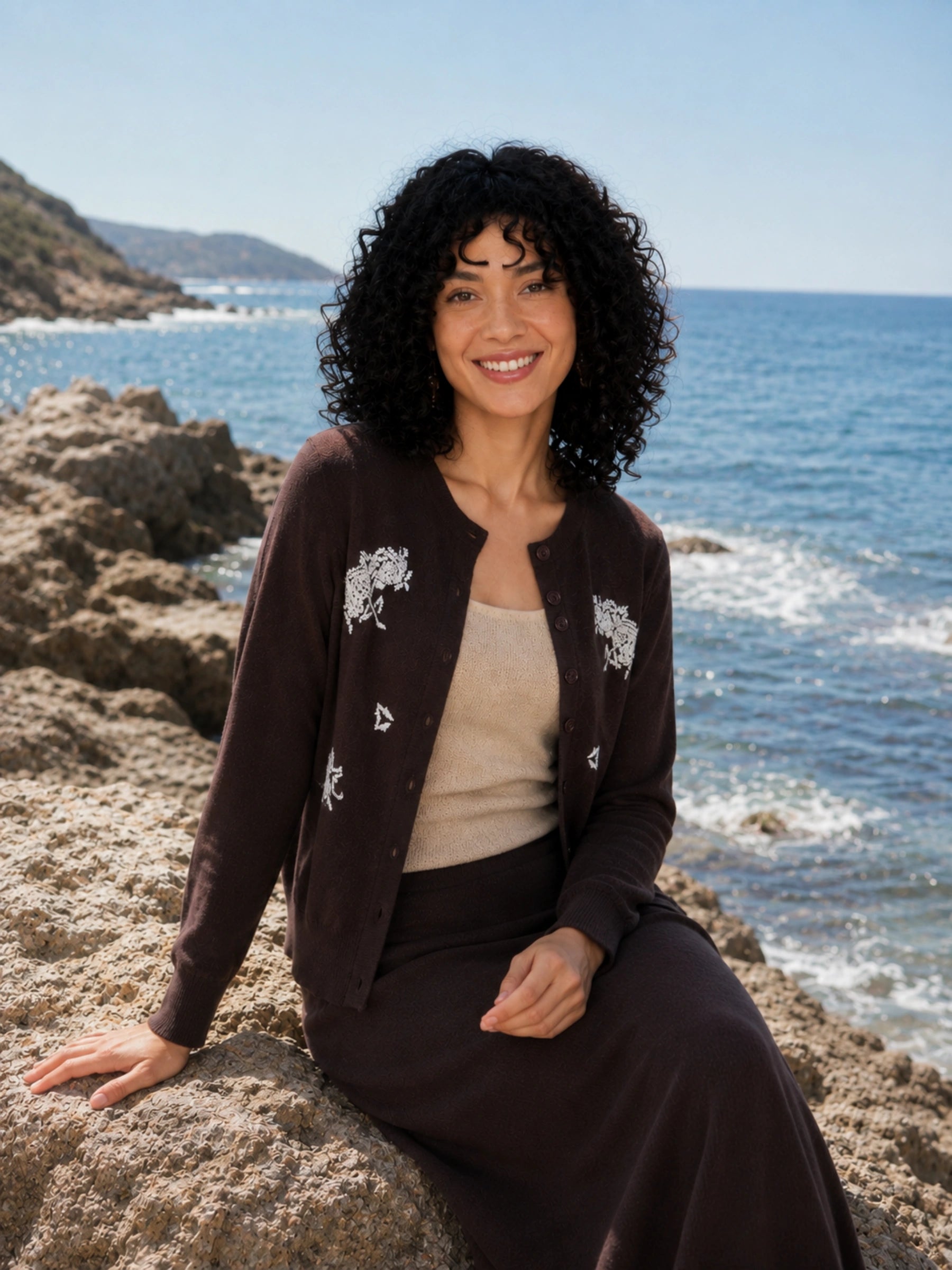 100% Wool Crew-Neck Beaded Floral Cardigan