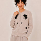 100% Wool Crew-Neck Beaded Floral Cardigan