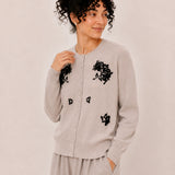 100% Wool Crew-Neck Beaded Floral Cardigan