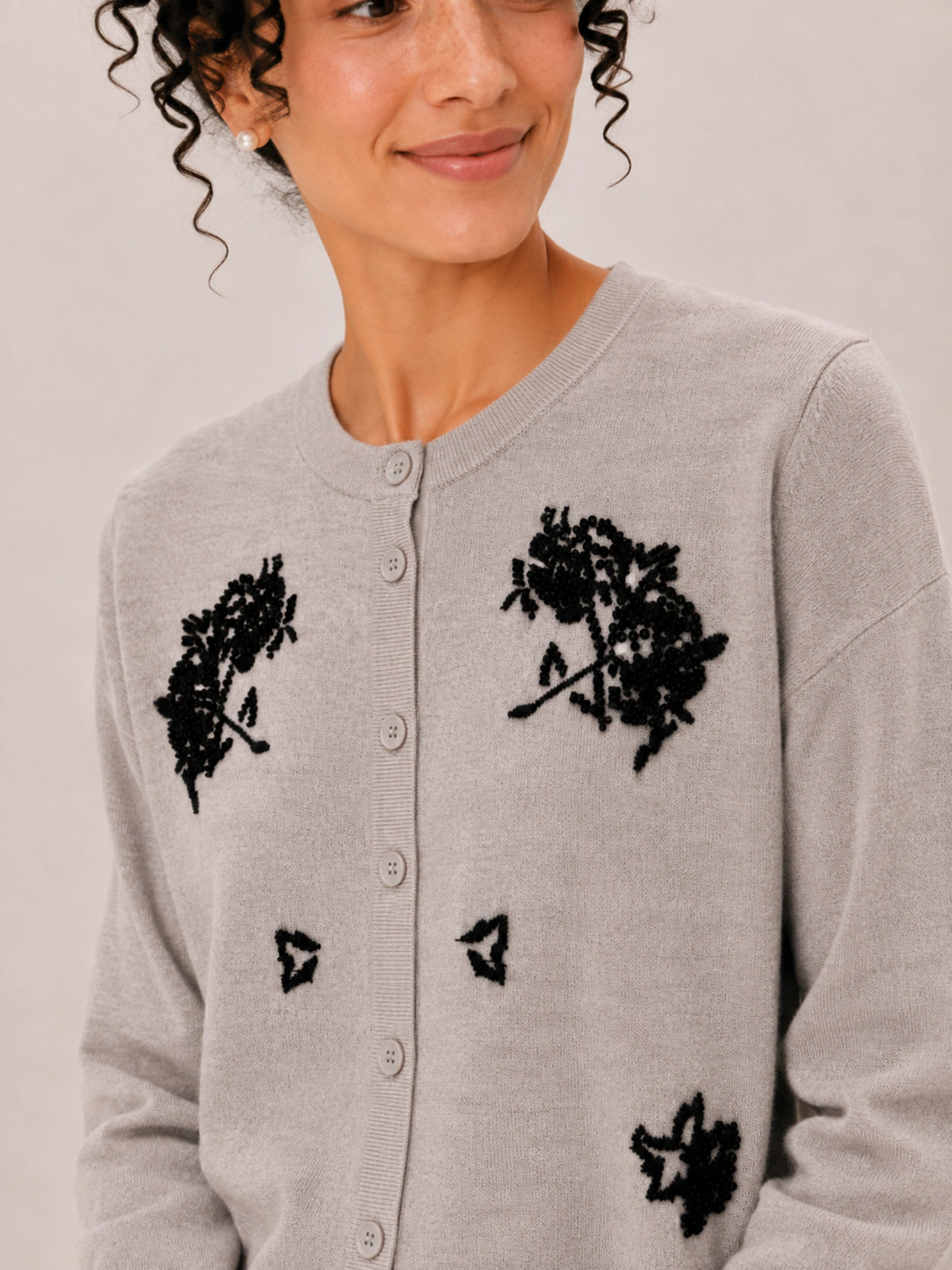 100% Wool Crew-Neck Beaded Floral Cardigan