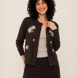 100% Wool Crew-Neck Beaded Floral Cardigan