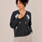 100% Wool V-Neck Beaded Floral Cardigan
