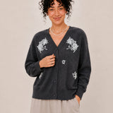 100% Wool V-Neck Beaded Floral Cardigan