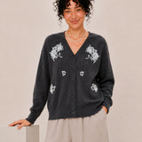 100% Wool V-Neck Beaded Floral Cardigan