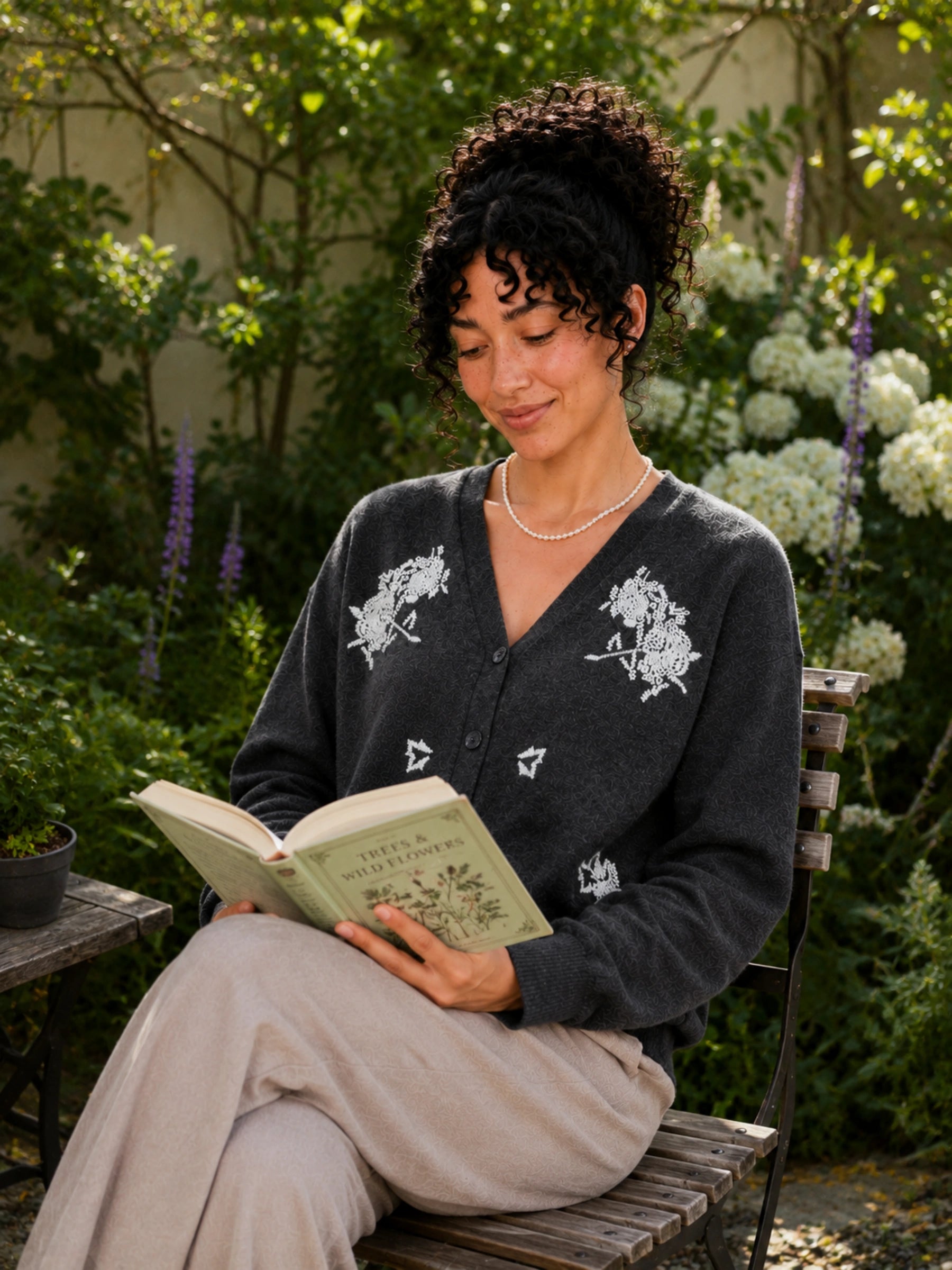 100% Wool V-Neck Beaded Floral Cardigan
