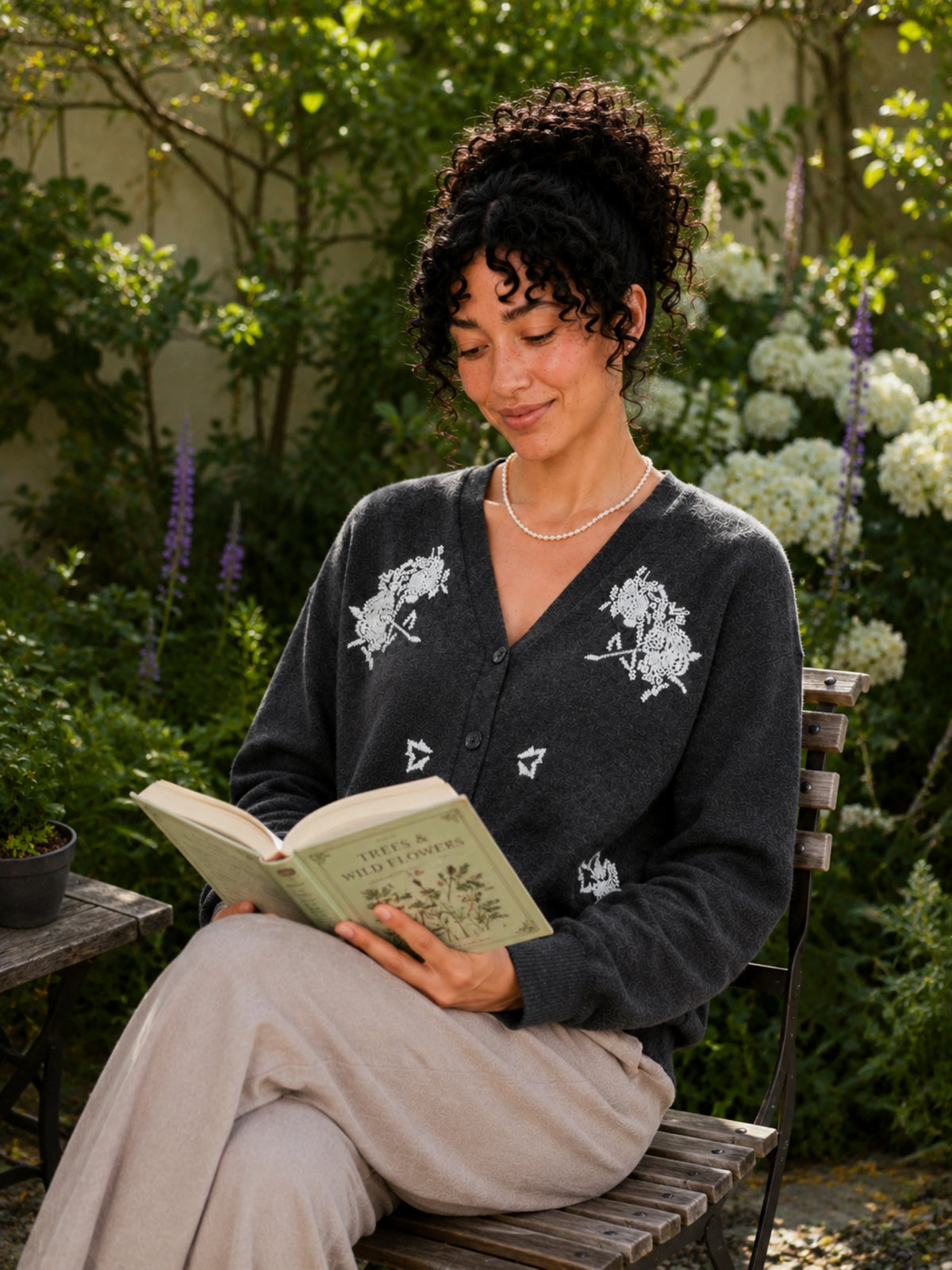 100% Wool V-Neck Beaded Floral Cardigan