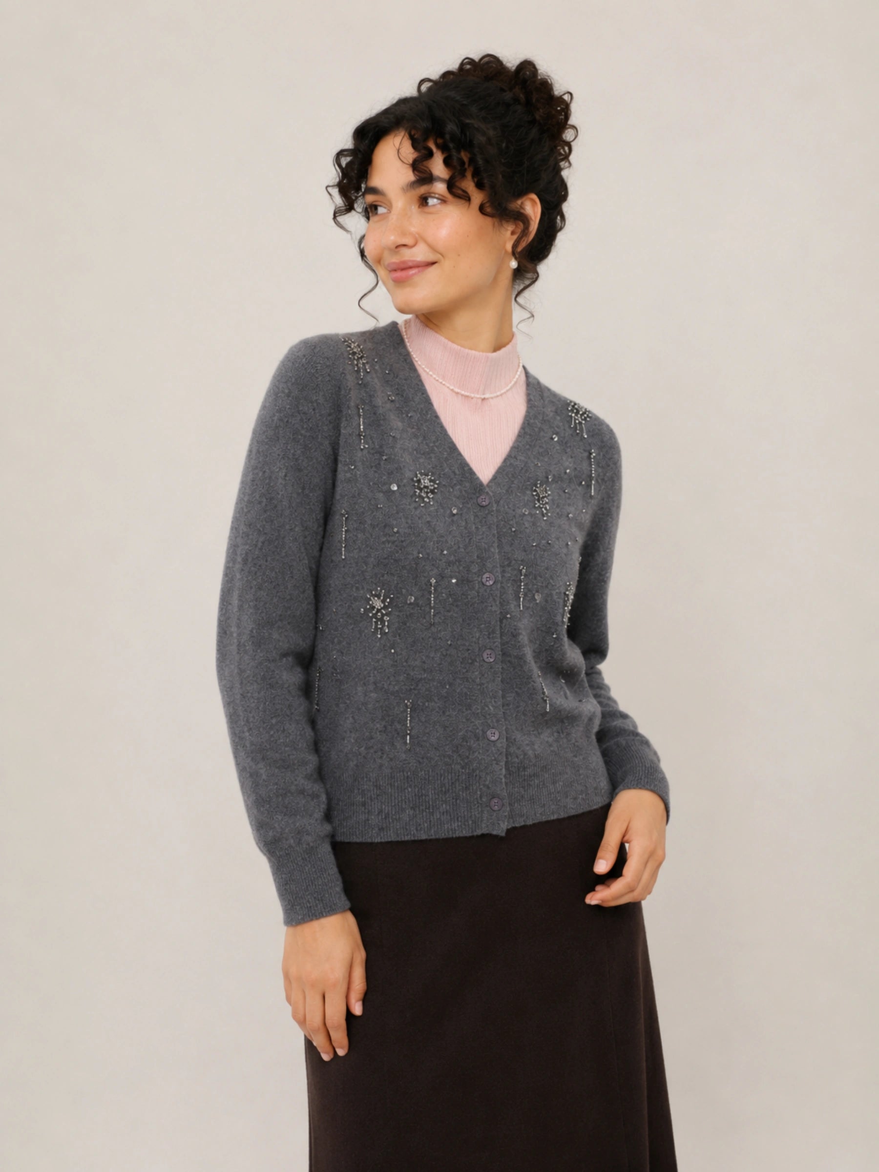 100% Wool V-Neck Rhinestone-Embellished Button-Front Cardigan