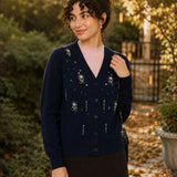 100% Wool V-Neck Rhinestone-Embellished Button-Front Cardigan