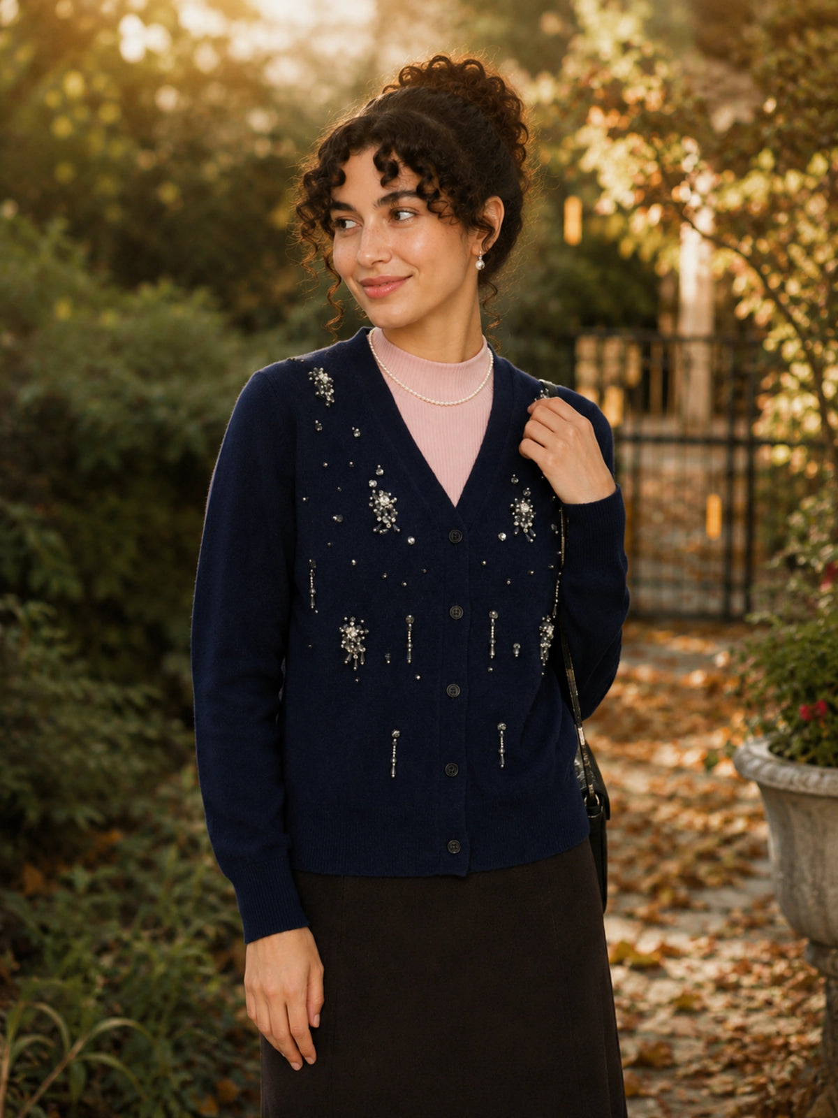 100% Wool V-Neck Rhinestone-Embellished Button-Front Cardigan