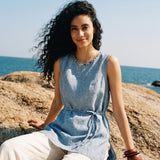 100% Linen Natural Hand-Beaded Shell Neckline Sleeveless Top with Waist Tie