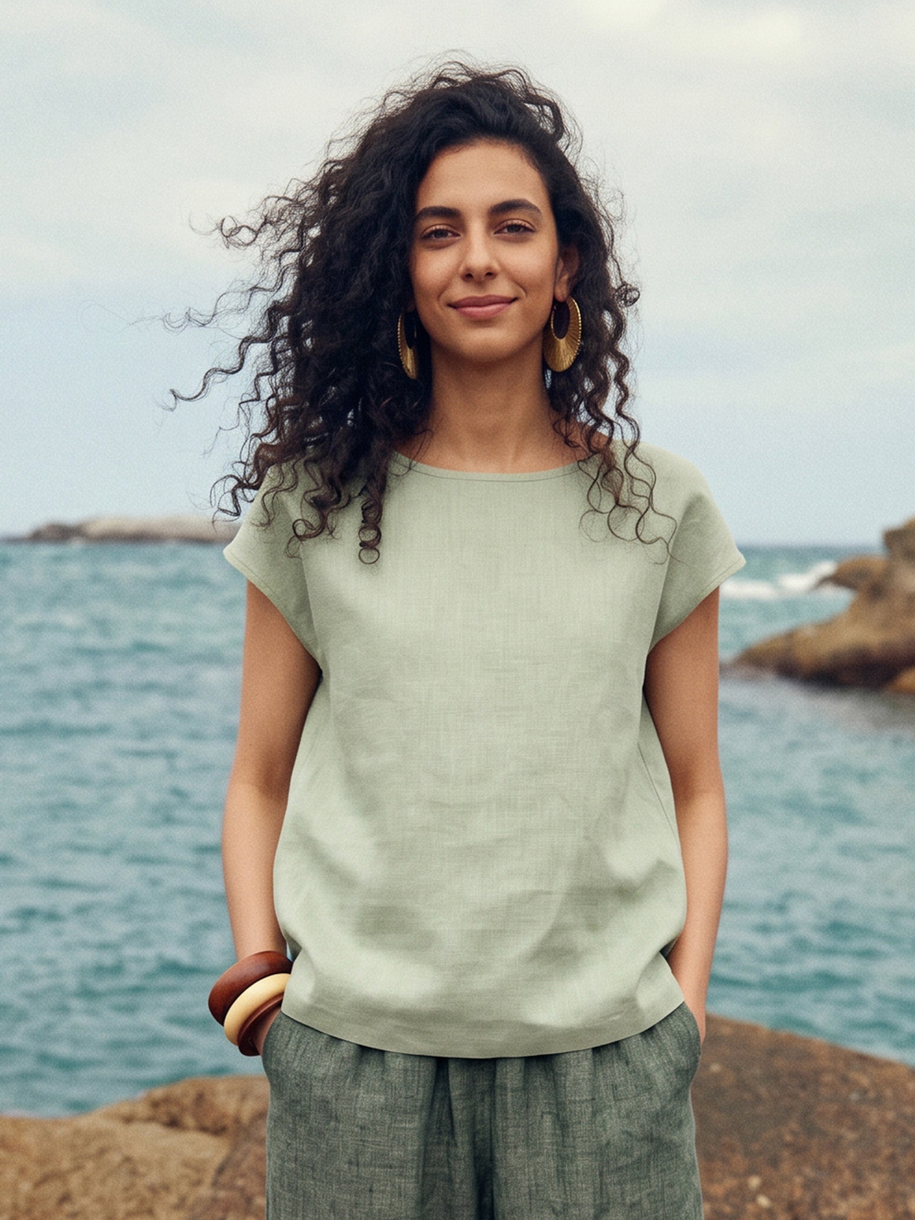 100% Linen Cap Sleeve Pullover Top