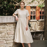100% Linen Short Sleeve Pleated Maxi Dress