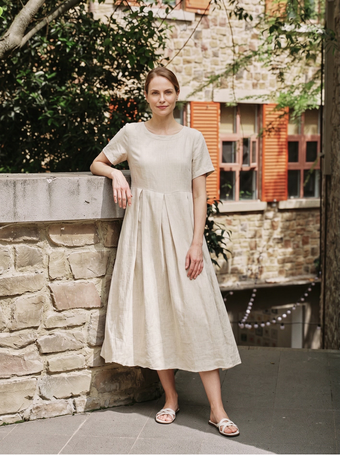 100% Linen Short Sleeve Pleated Maxi Dress