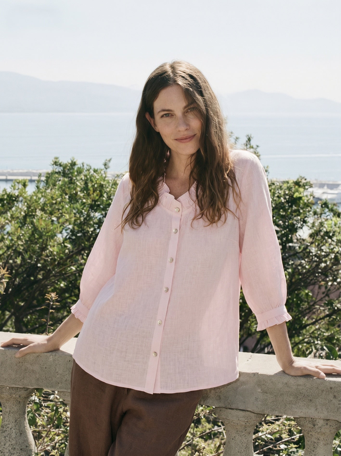 100% Linen Ruffle Trim Half Sleeve Shirt