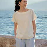 100% Linen Boat-Neck Short Sleeve Top