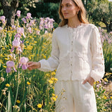 100% Linen Heavy-Embroidered Lace Splicing Side Cutouts Elasticated Cuffs Blouse