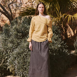 100% Linen Asymmetric Shoulder Side Ruched Ruffle Sleeve Blouse