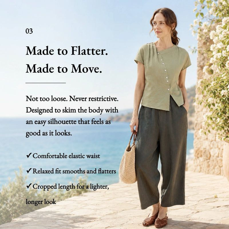 100% Linen Slant Pocket Elastic Waist Cropped Pants