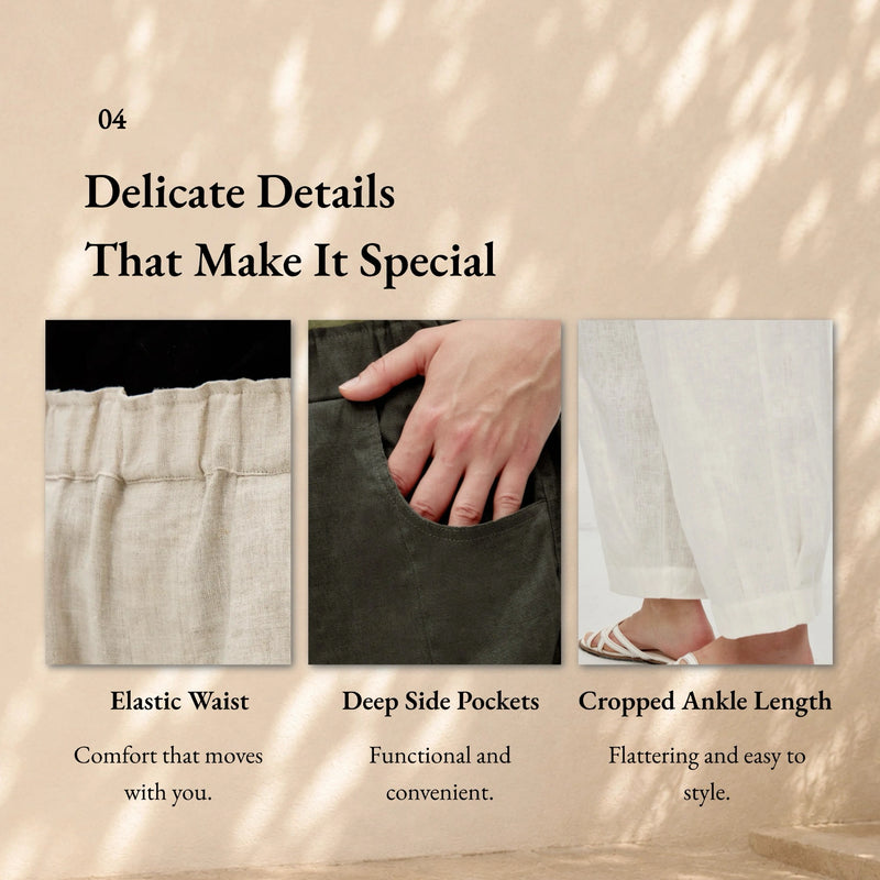 100% Linen Slant Pocket Elastic Waist Cropped Pants