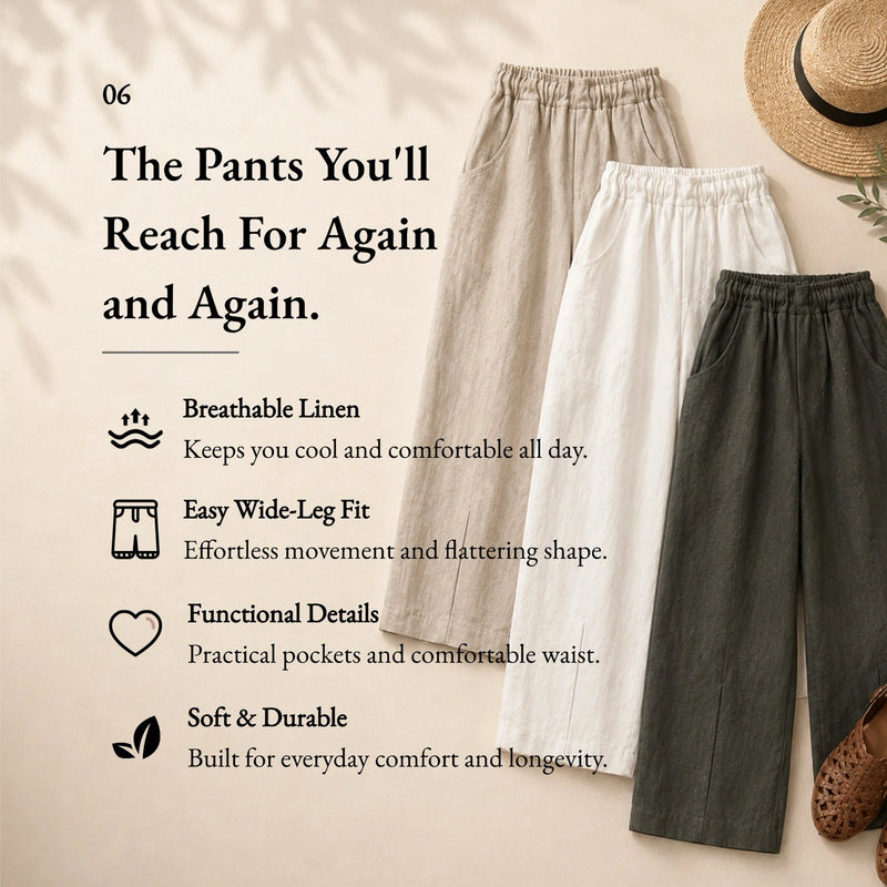 100% Linen Slant Pocket Elastic Waist Cropped Pants