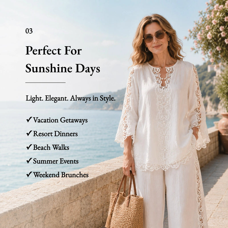 100% Linen V-Neck Lace Embroidered Batwing Sleeve Blouse