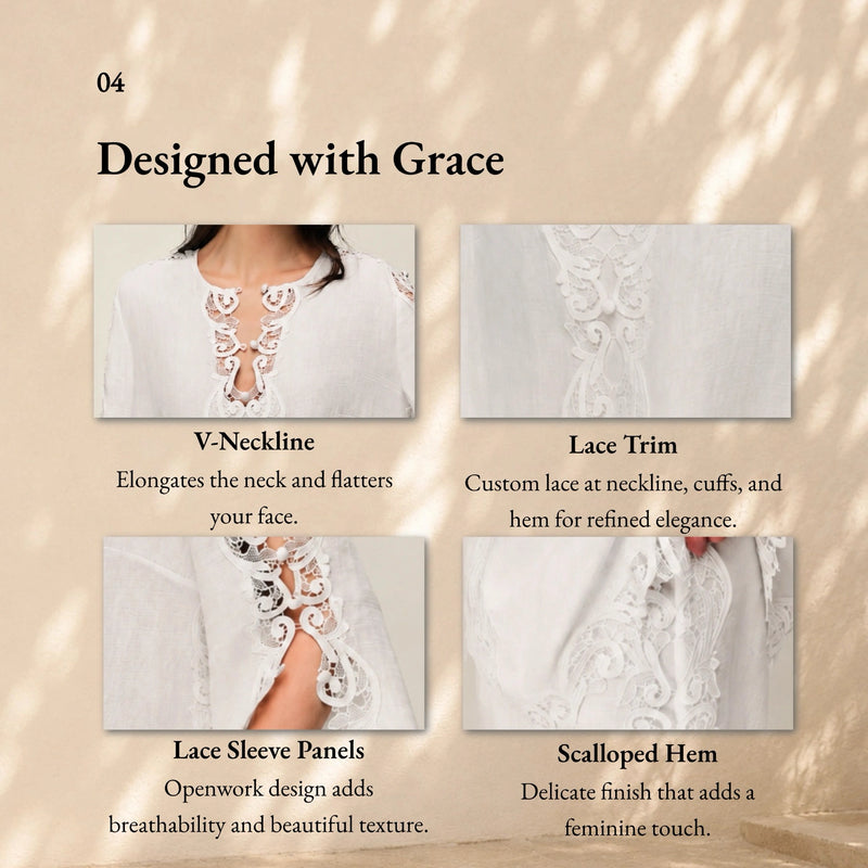 100% Linen V-Neck Lace Embroidered Batwing Sleeve Blouse
