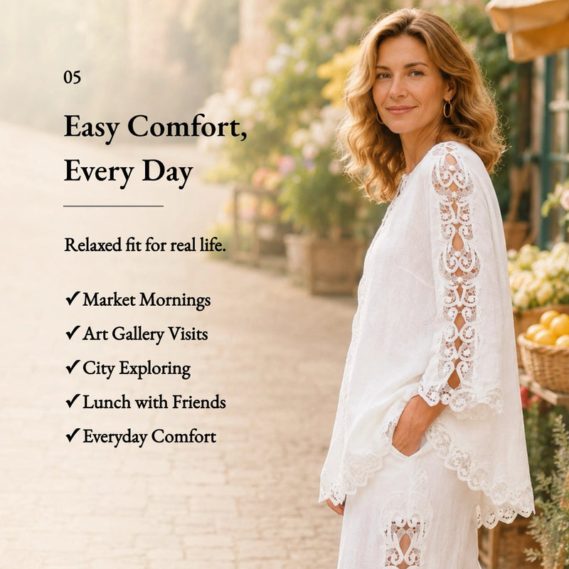 100% Linen V-Neck Lace Embroidered Batwing Sleeve Blouse