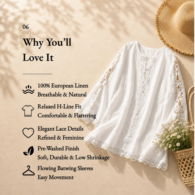 100% Linen V-Neck Lace Embroidered Batwing Sleeve Blouse
