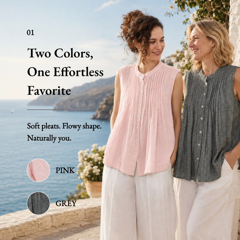 100% Linen Pleated Sleeveless Blouse
