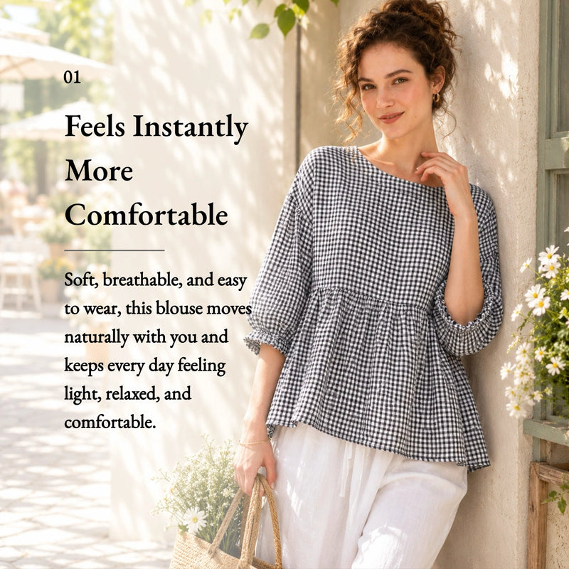 100% Linen Gingham Lantern Sleeve Peplum Blouse