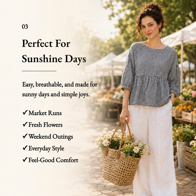100% Linen Gingham Lantern Sleeve Peplum Blouse