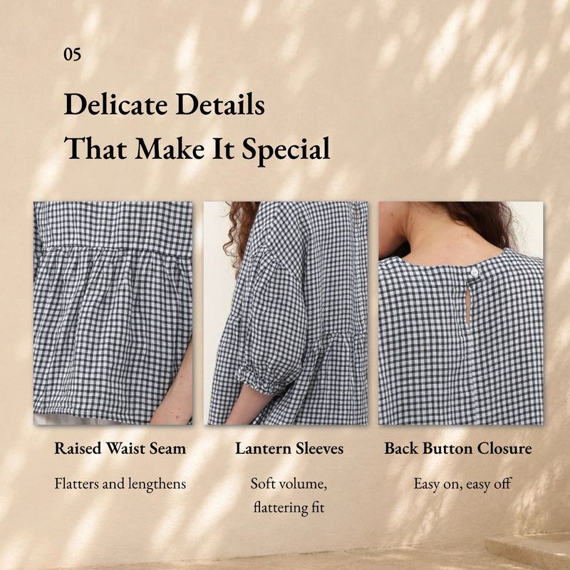 100% Linen Gingham Lantern Sleeve Peplum Blouse