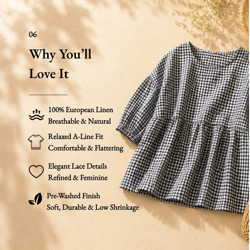 100% Linen Gingham Lantern Sleeve Peplum Blouse