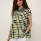 100% Linen Plaid Collar Half Button Blouse