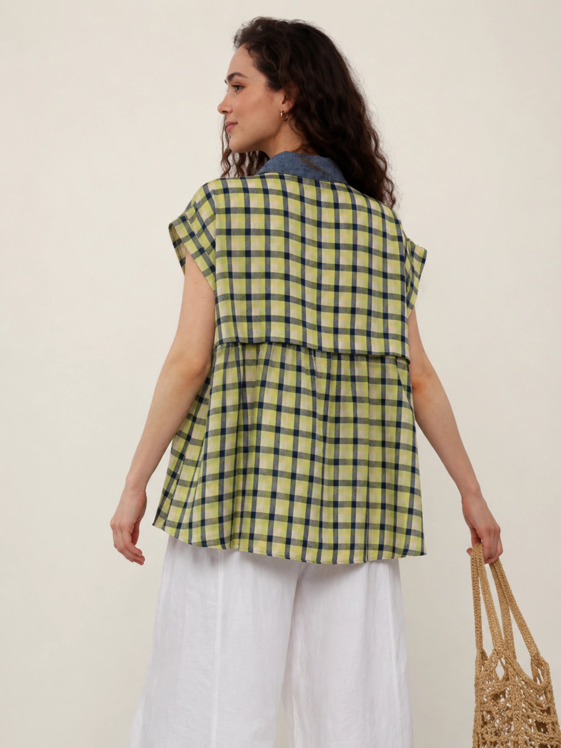 100% Linen Plaid Collar Half Button Blouse