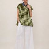 100% Linen Plaid Collar Half Button Blouse