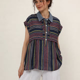 100% Linen Plaid Collar Half Button Blouse