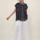 100% Linen Plaid Collar Half Button Blouse