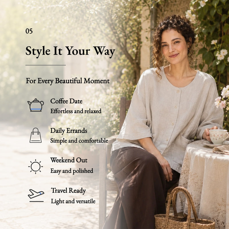 100% Linen Round Neck 3/4 Sleeve Patch Pocket Blouse