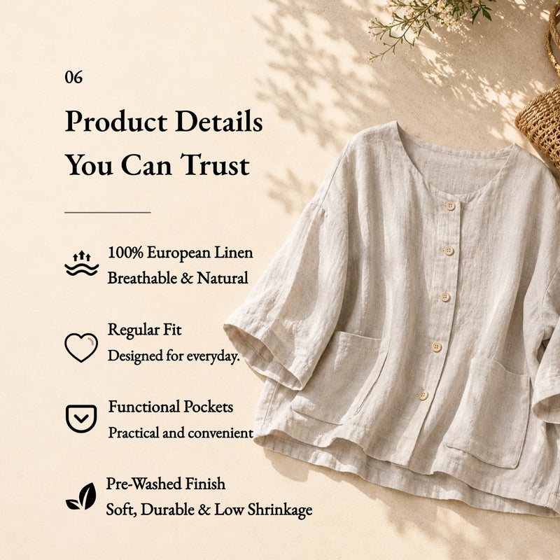 100% Linen Round Neck 3/4 Sleeve Patch Pocket Blouse
