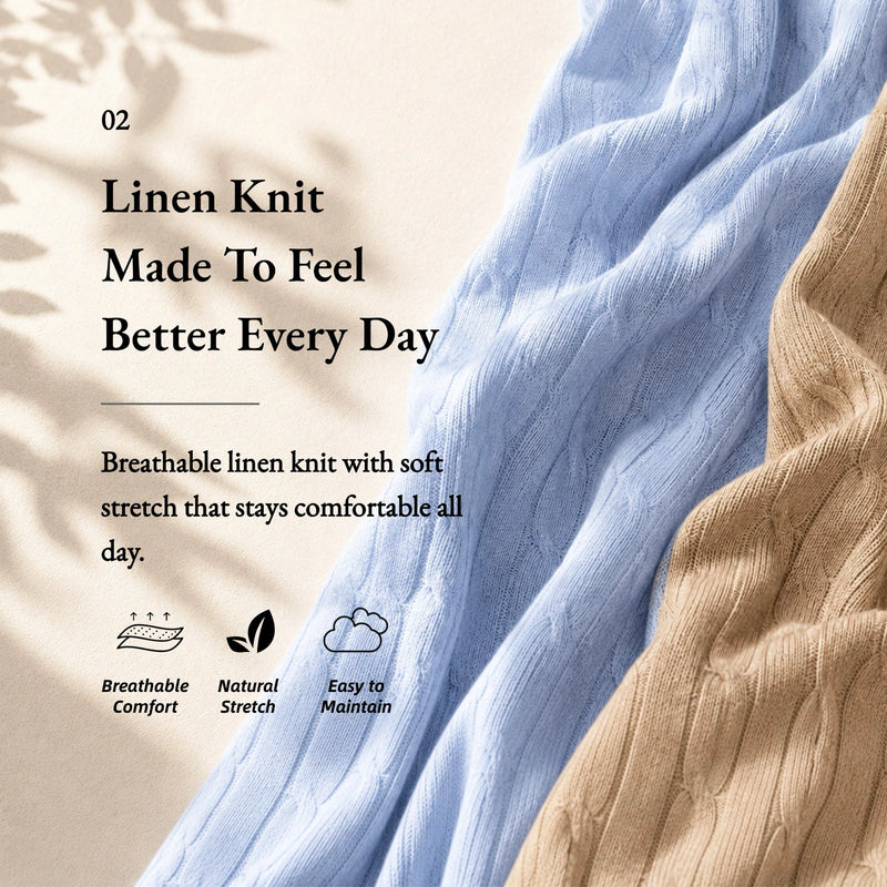 Linen Blend Round Neck Cable Knit Pocket T-Shirt