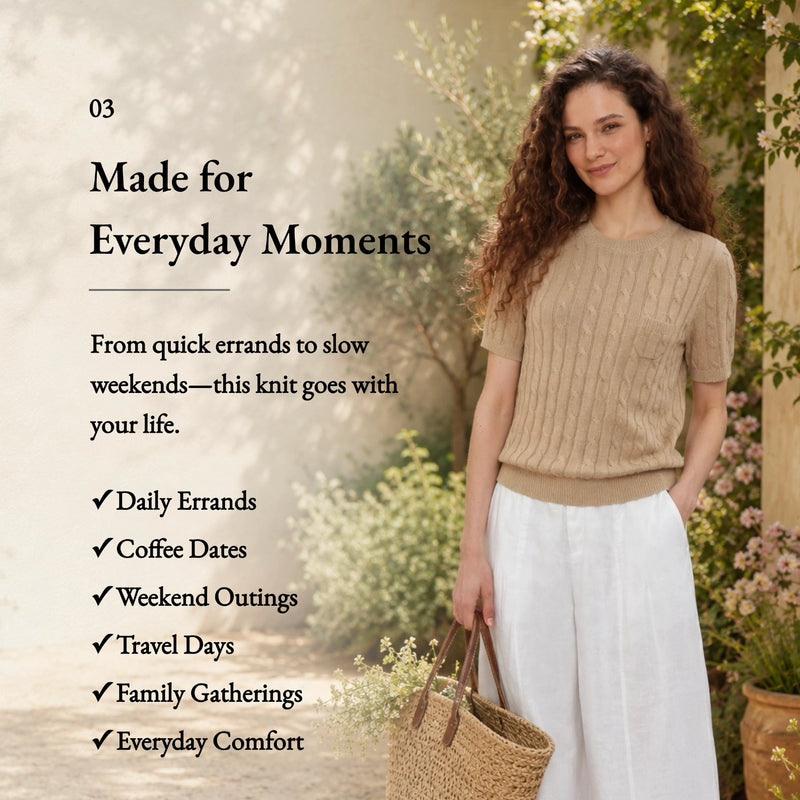 Linen Blend Round Neck Cable Knit Pocket T-Shirt