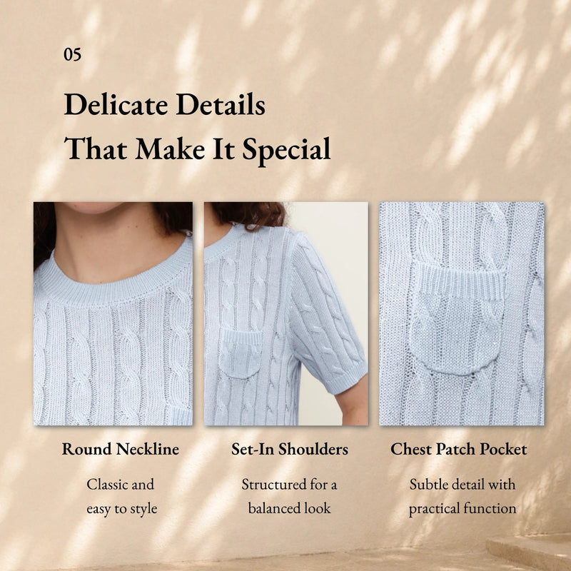 Linen Blend Round Neck Cable Knit Pocket T-Shirt