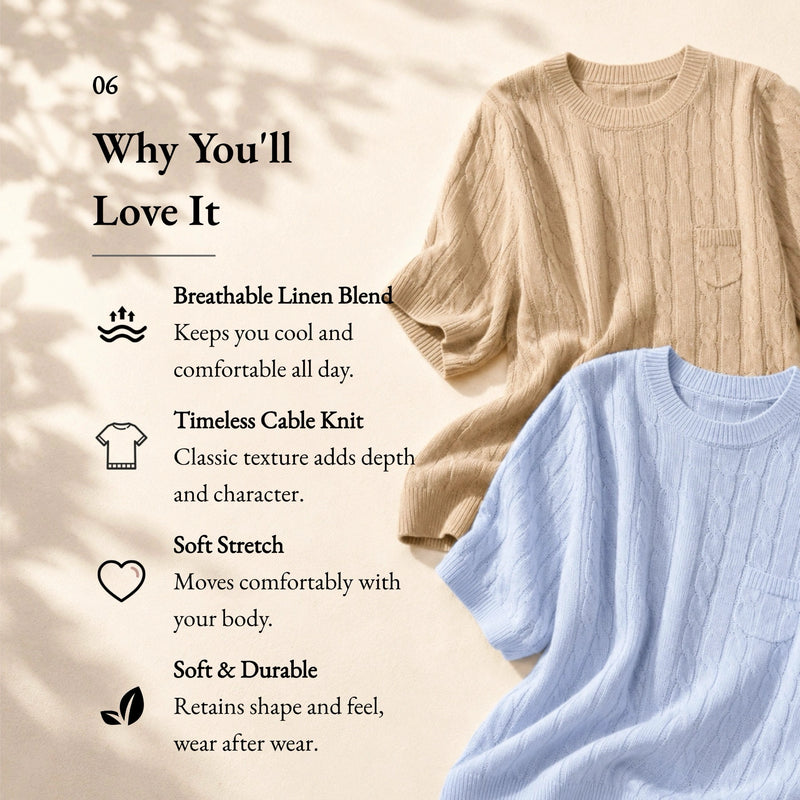 Linen Blend Round Neck Cable Knit Pocket T-Shirt
