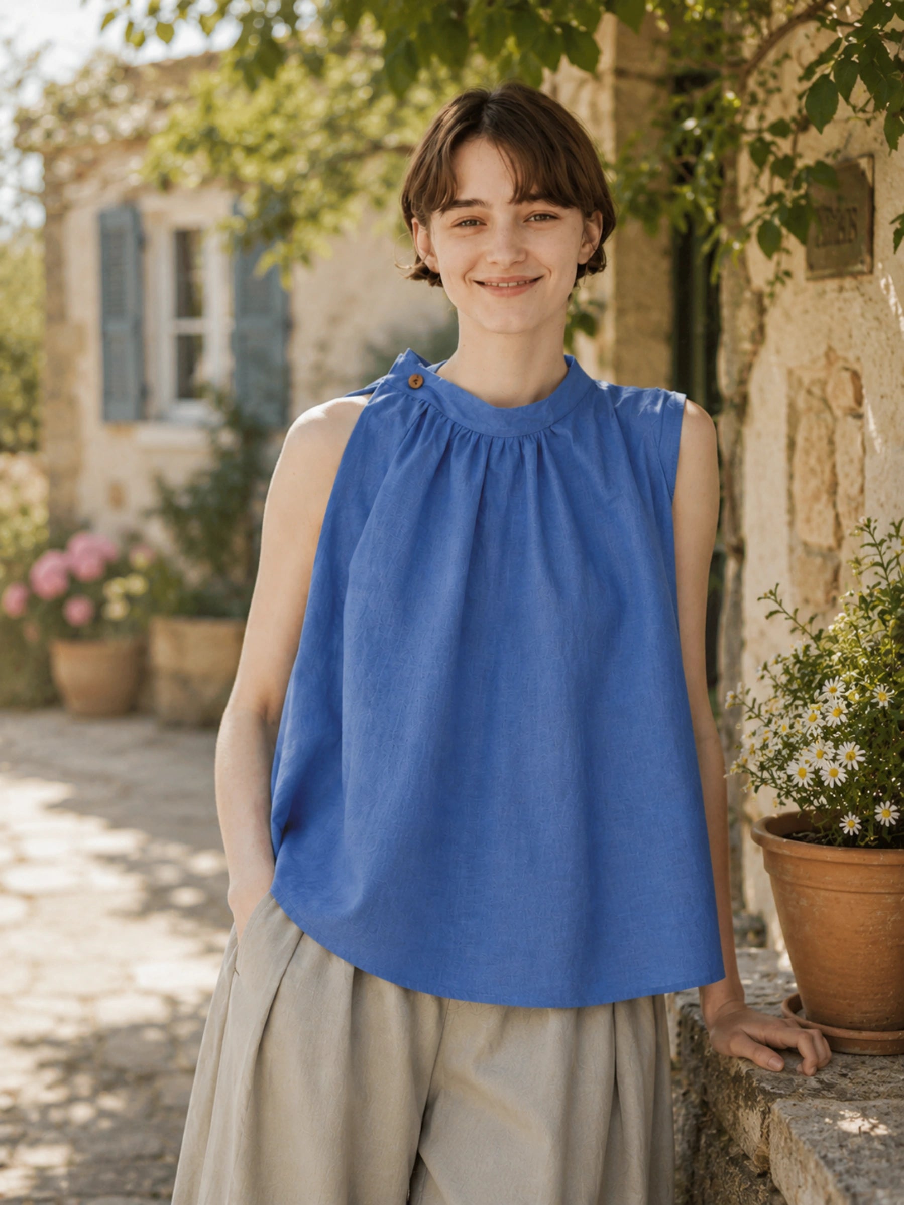 100% Linen Gathered Neck Side Button Tank Top